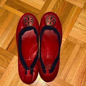 Tory Burch Red Flats with Logo Emblem